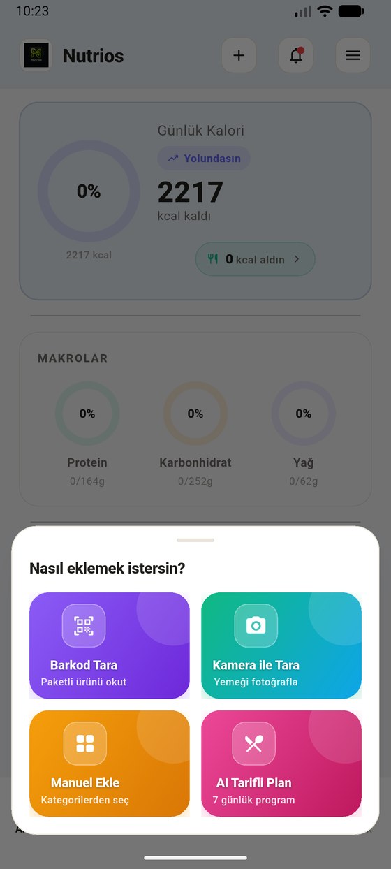 Nasıl eklemek istersin? Barkod Tara, Kamera ile Tara, Manuel Ekle, AI Tarifli Plan kartları