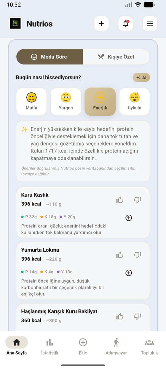 Moda Göre sekmesi: ruh hali seçimi ve yapay zekânın gerekçesiyle birlikte önerdiği öğünler