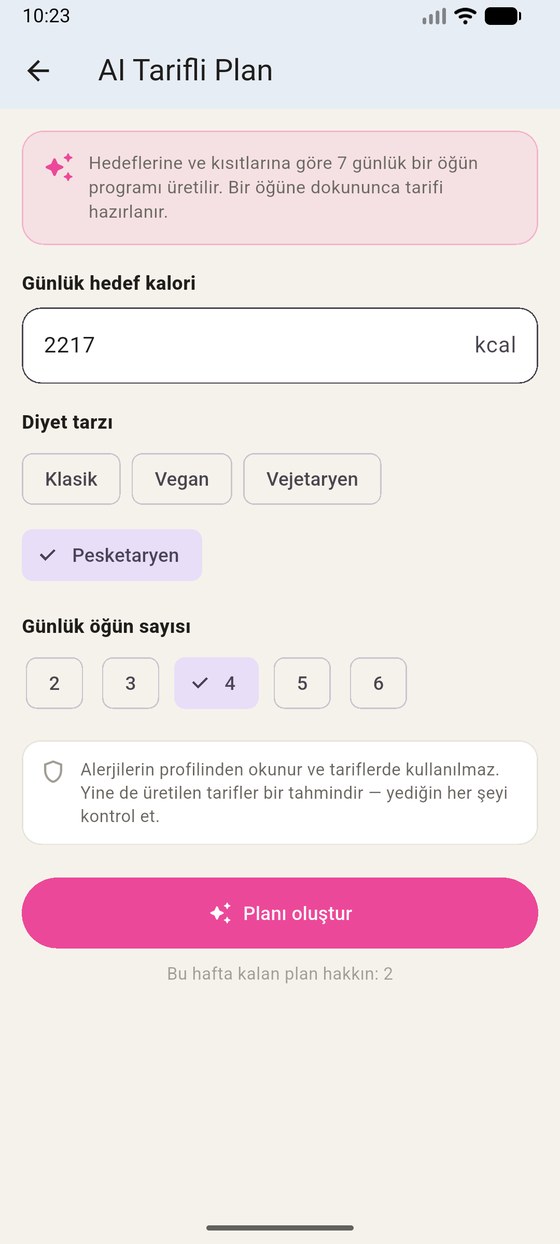 AI Tarifli Plan kurulum ekranı: günlük hedef kalori 2217, diyet tarzı ve öğün sayısı seçimi